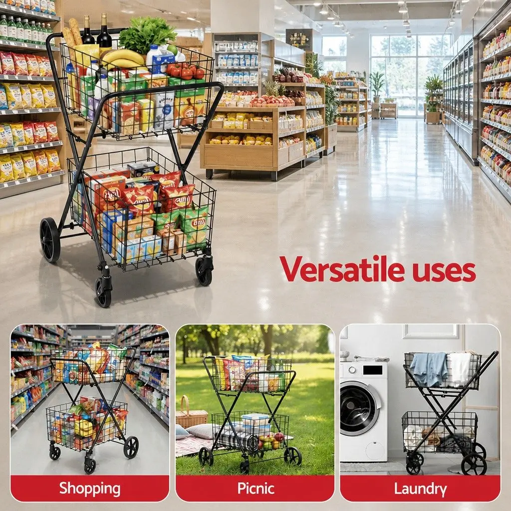 Foldable Shopping Trolley Cart Metal Black 75cm L x 95cm W x 62.5cm H