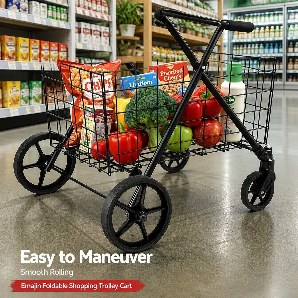 Foldable Shopping Trolley Cart Metal Black 75cm L x 95cm W x 62.5cm H