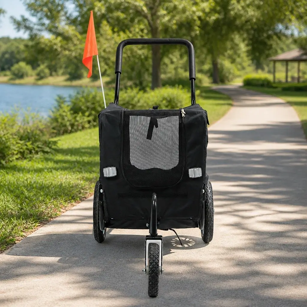 Pet Bike Trailer Foldable Steel Frame 2-in-1 Stroller Red and Black