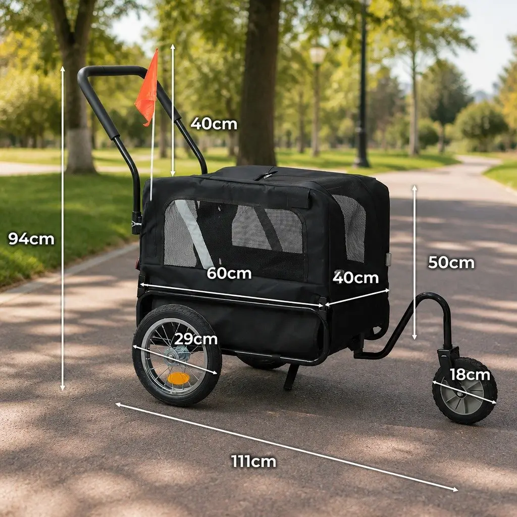 Pet Bike Trailer Foldable Steel Frame 2-in-1 Stroller Red and Black