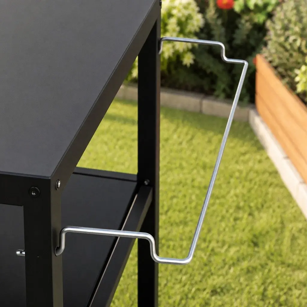 Outdoor Kitchen Cart Metal Frame 3 Tier Black BBQ Grill Serving Trolley with Swivel Wheels and Storage Shelves