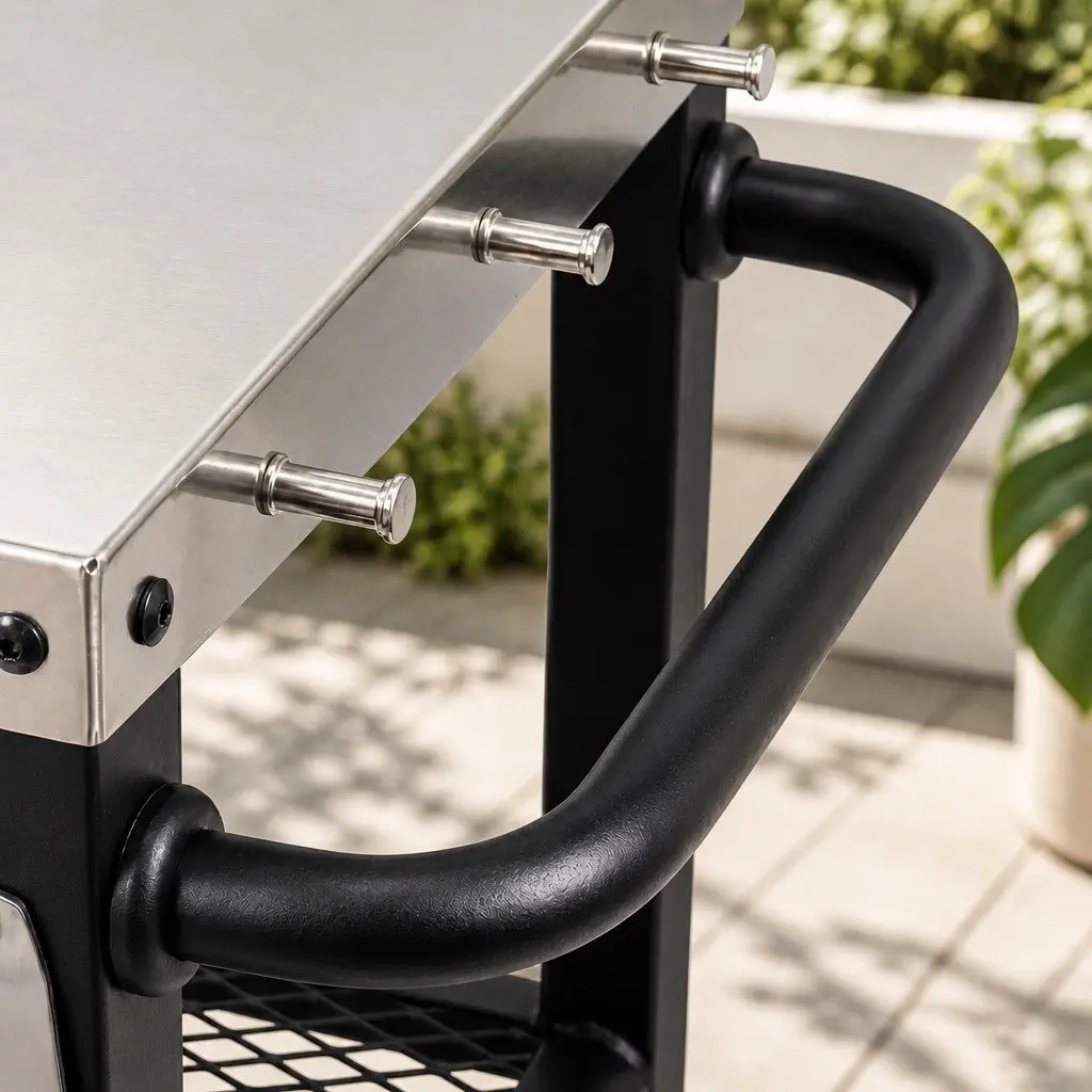 Outdoor Kitchen Cart Stainless Steel BBQ Grill Trolley Black Mobile Prep Table with Storage Shelves and Hooks 74cm x 41cm x 89cm