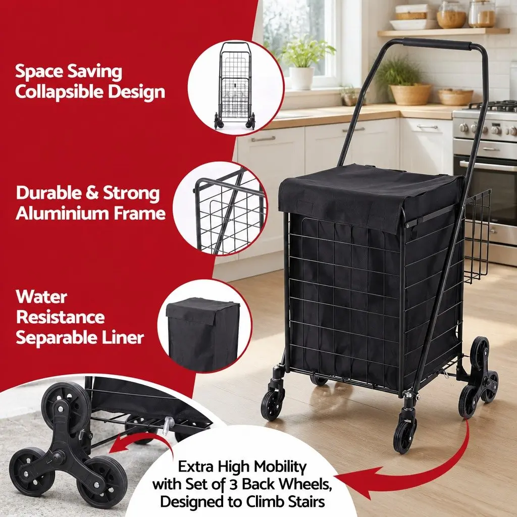 Folding Shopping Trolley Cart Utility Aluminium Black Lightweight Compact