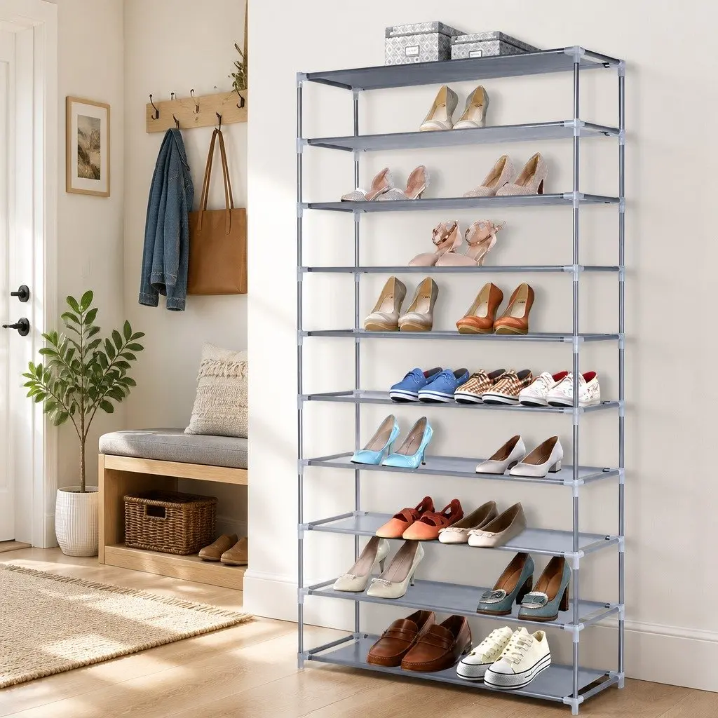 10-Tier Shoe Rack Cabinet Stackable Storage Organizer Silver Metal Frame