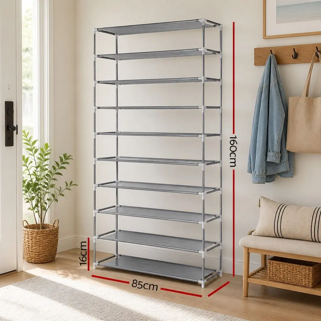 10-Tier Shoe Rack Cabinet Stackable Storage Organizer Silver Metal Frame