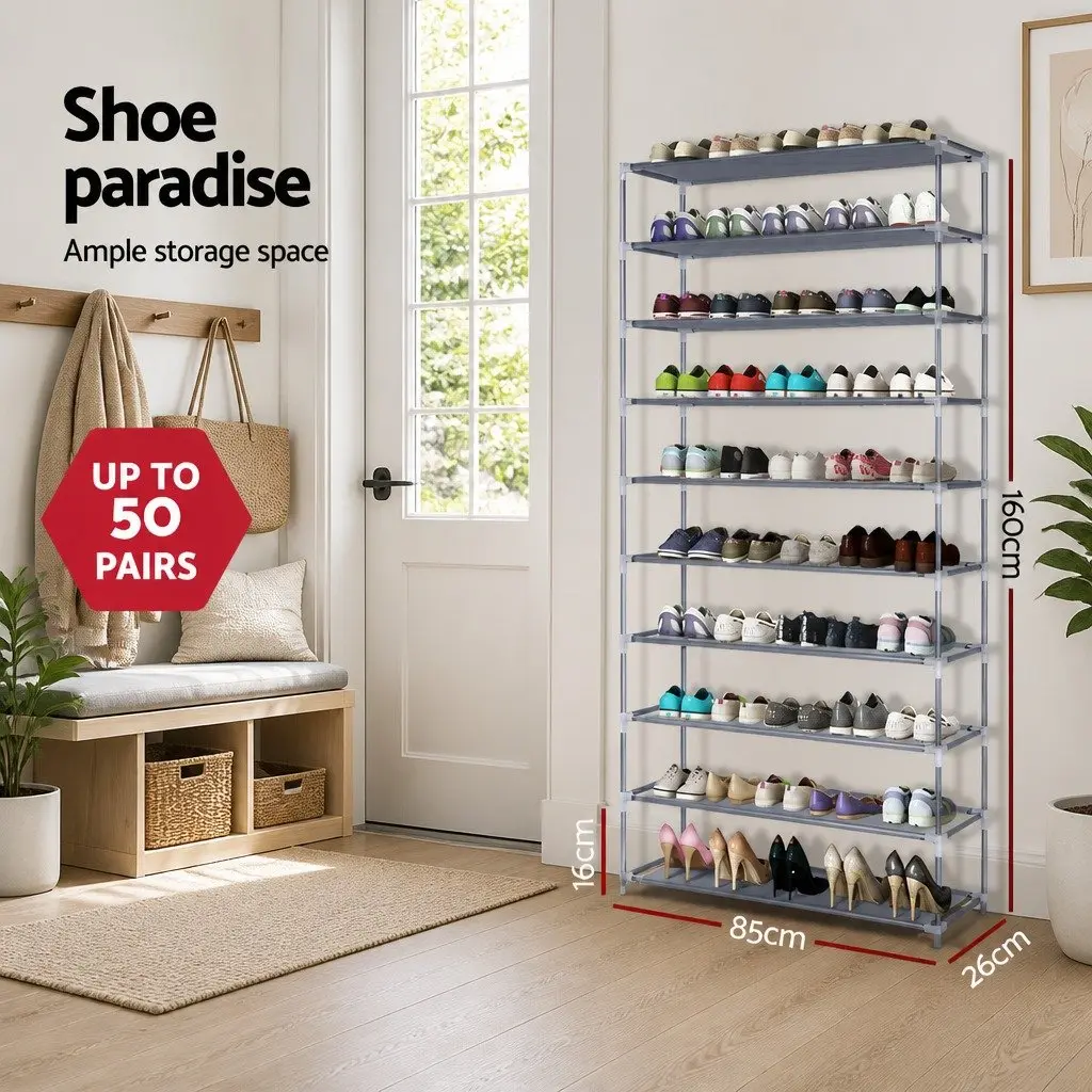 10-Tier Shoe Rack Cabinet Stackable Storage Organizer Silver Metal Frame