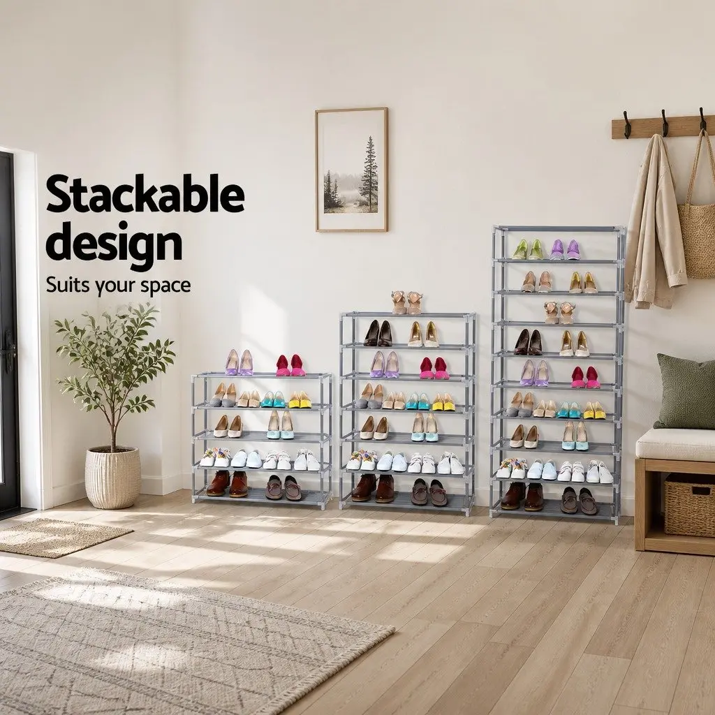 10-Tier Shoe Rack Cabinet Stackable Storage Organizer Silver Metal Frame