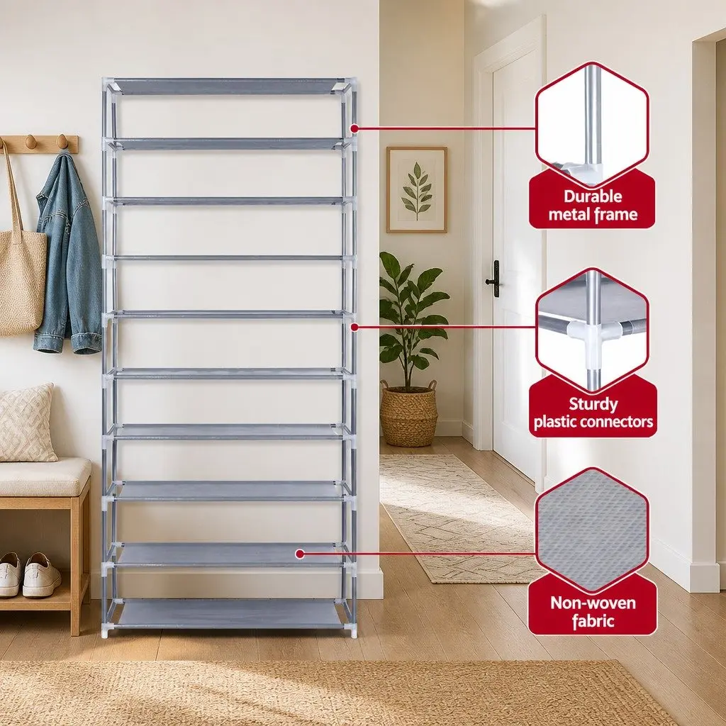 10-Tier Shoe Rack Cabinet Stackable Storage Organizer Silver Metal Frame