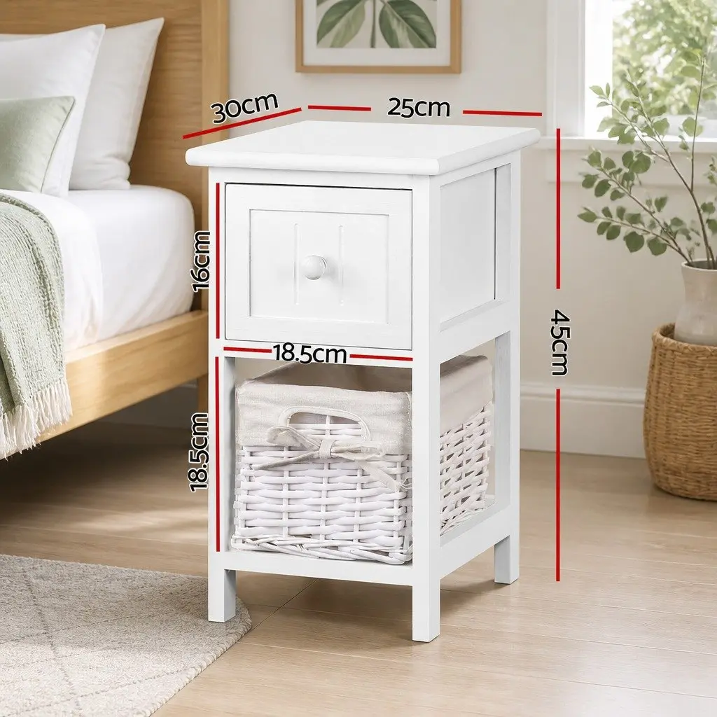 White Bedside Table Rustic Cottage Style 25cmW x 30cmD x 45cmH with 1 Drawer and Wicker Basket Storage Set of 2