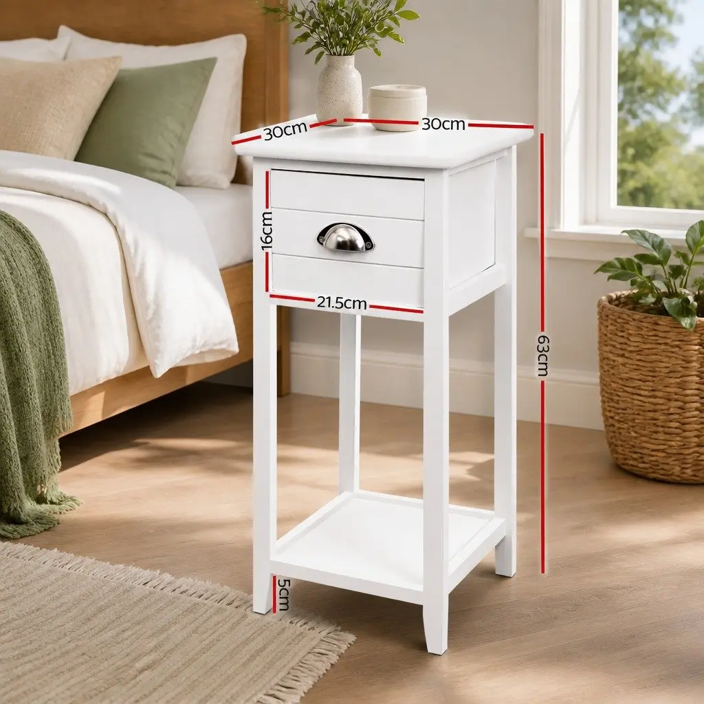 Bedside Table White Vintage Design Drawer Storage Compact Bedroom Furniture