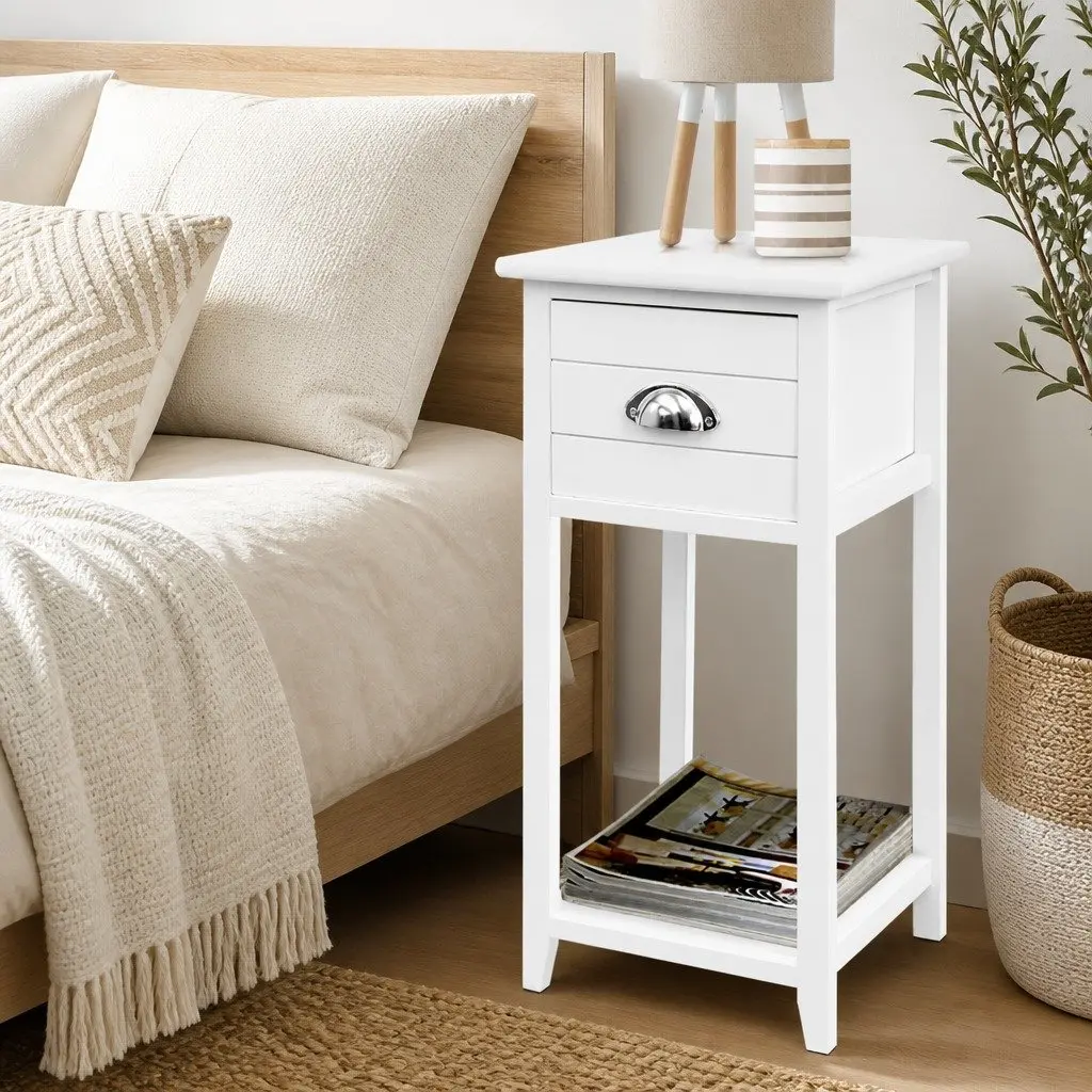 Bedside Table White Vintage Design Drawer Storage Compact Bedroom Furniture