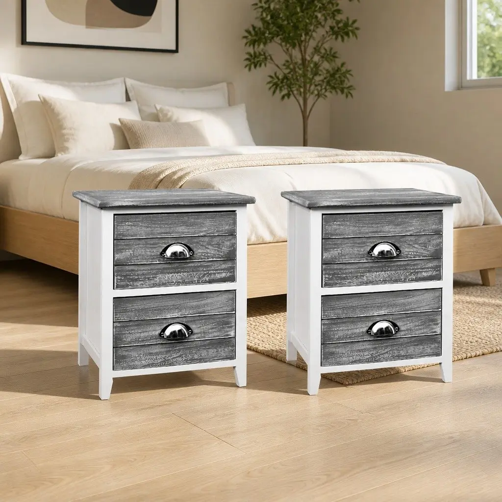 Bedside Table Paulownia Wood MDF 38cm W x 28cm D x 45.5cm H Grey Vintage 2 Drawers Nightstand Storage Bedroom Furniture