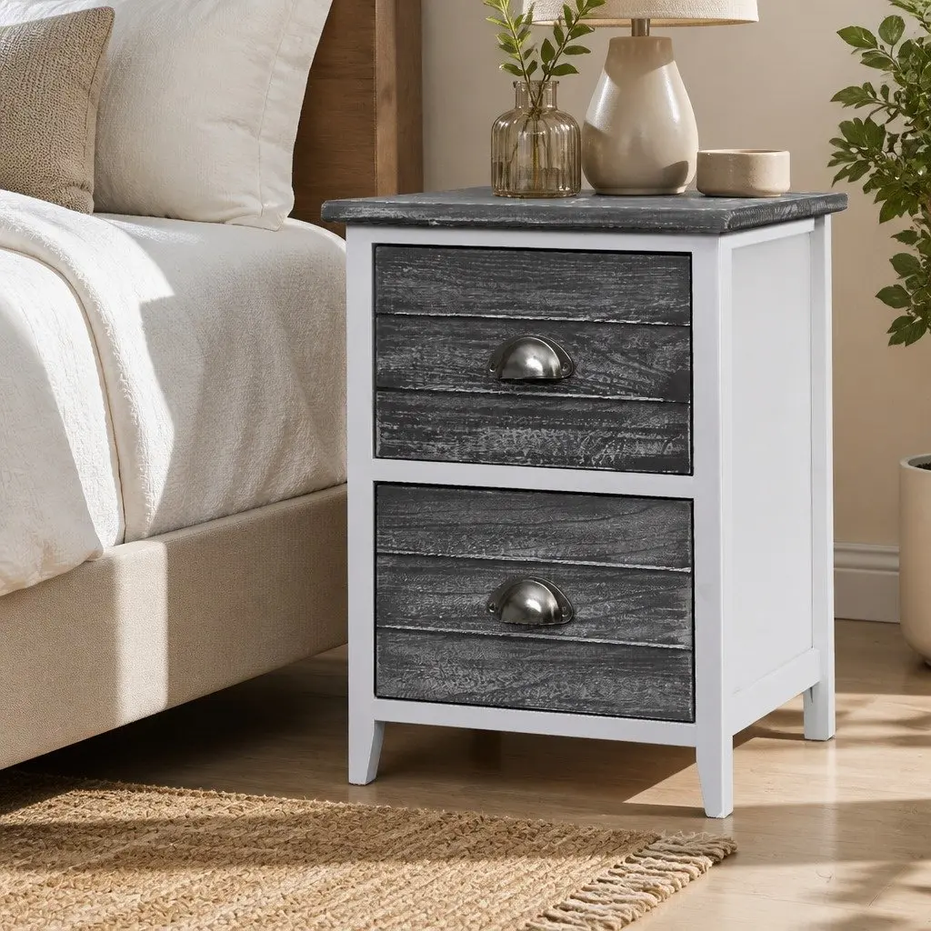 Bedside Table Paulownia Wood MDF 38cm W x 28cm D x 45.5cm H Grey Vintage 2 Drawers Nightstand Storage Bedroom Furniture