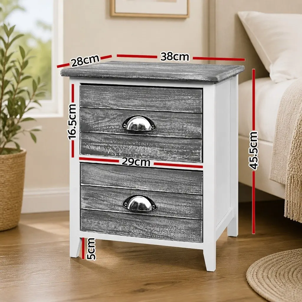 Bedside Table Paulownia Wood MDF 38cm W x 28cm D x 45.5cm H Grey Vintage 2 Drawers Nightstand Storage Bedroom Furniture