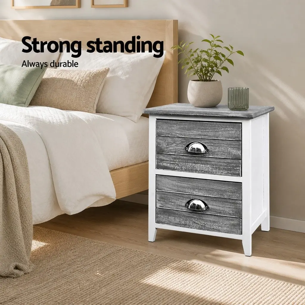 Bedside Table Paulownia Wood MDF 38cm W x 28cm D x 45.5cm H Grey Vintage 2 Drawers Nightstand Storage Bedroom Furniture