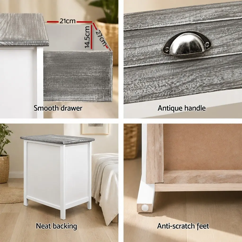 Bedside Table Paulownia Wood MDF 38cm W x 28cm D x 45.5cm H Grey Vintage 2 Drawers Nightstand Storage Bedroom Furniture