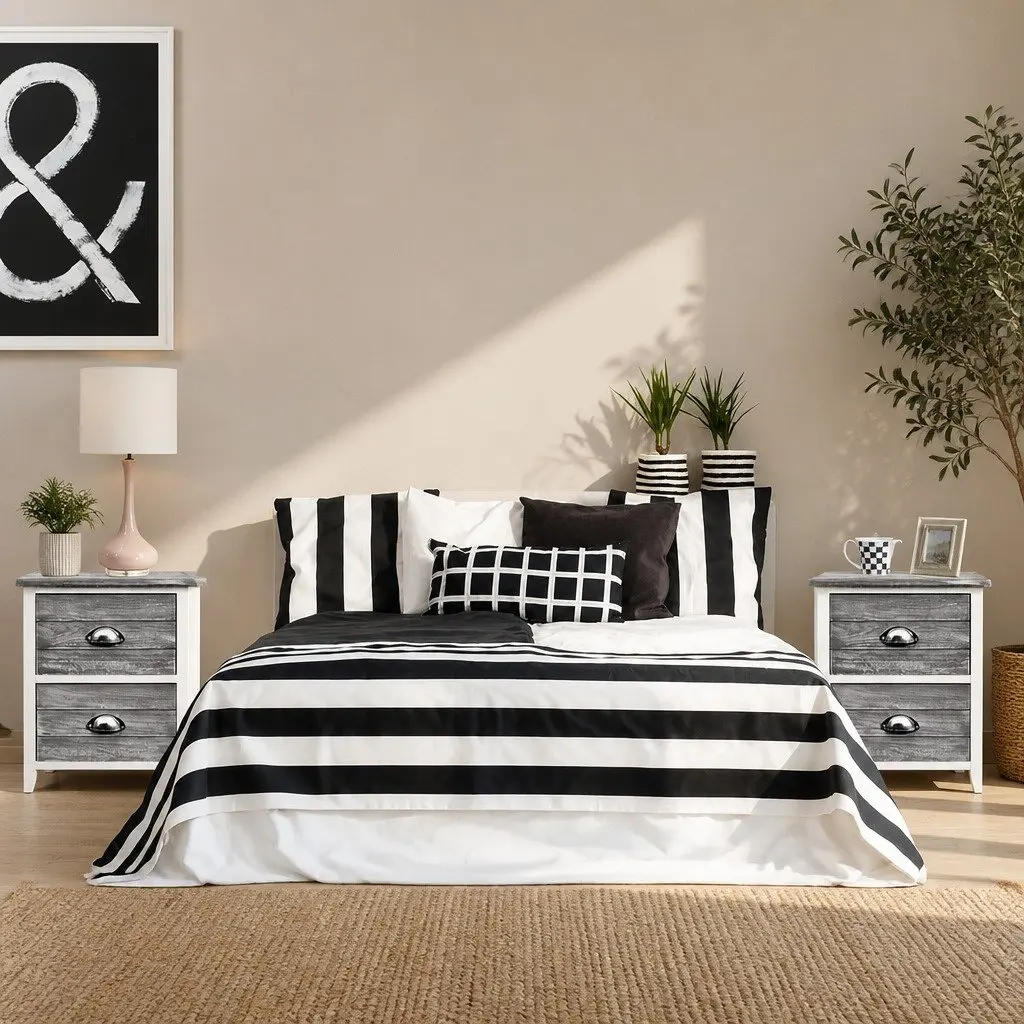 Bedside Table Paulownia Wood MDF 38cm W x 28cm D x 45.5cm H Grey Vintage 2 Drawers Nightstand Storage Bedroom Furniture