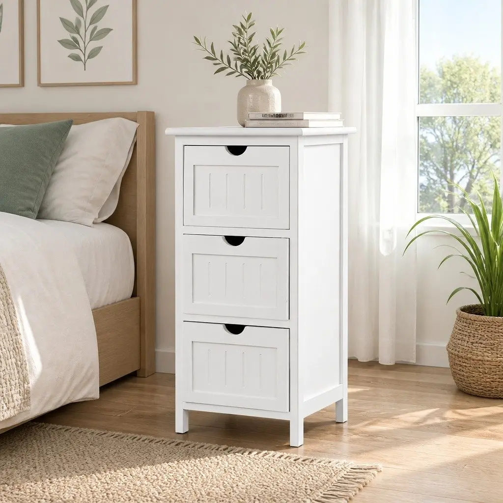 Bedside Table Storage Cabinet 3 Drawers Paulownia Wood 30cm x 30cm x 64cm White