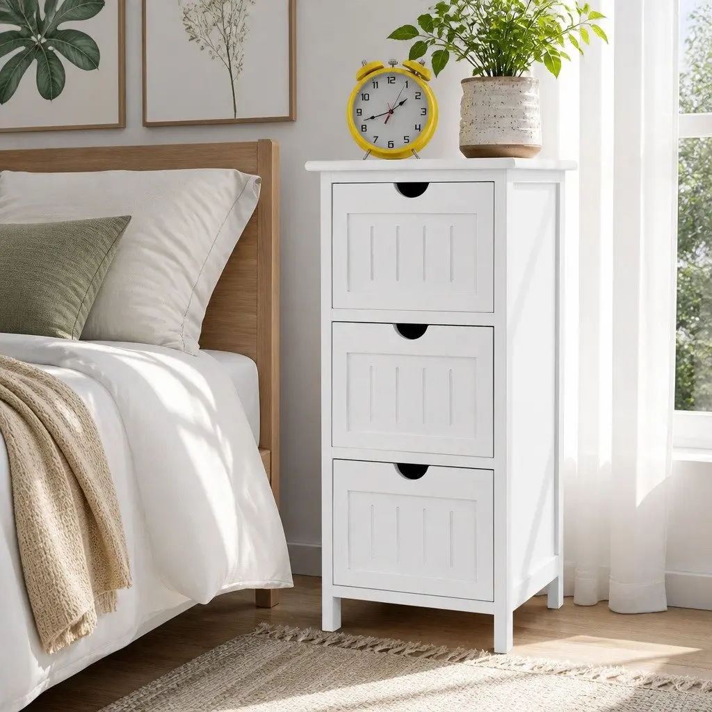 Bedside Table Storage Cabinet 3 Drawers Paulownia Wood 30cm x 30cm x 64cm White