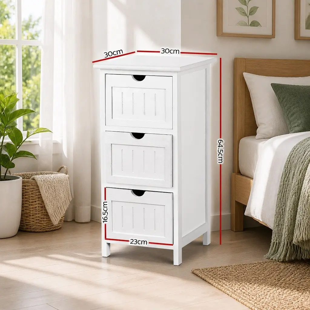 Bedside Table Storage Cabinet 3 Drawers Paulownia Wood 30cm x 30cm x 64cm White