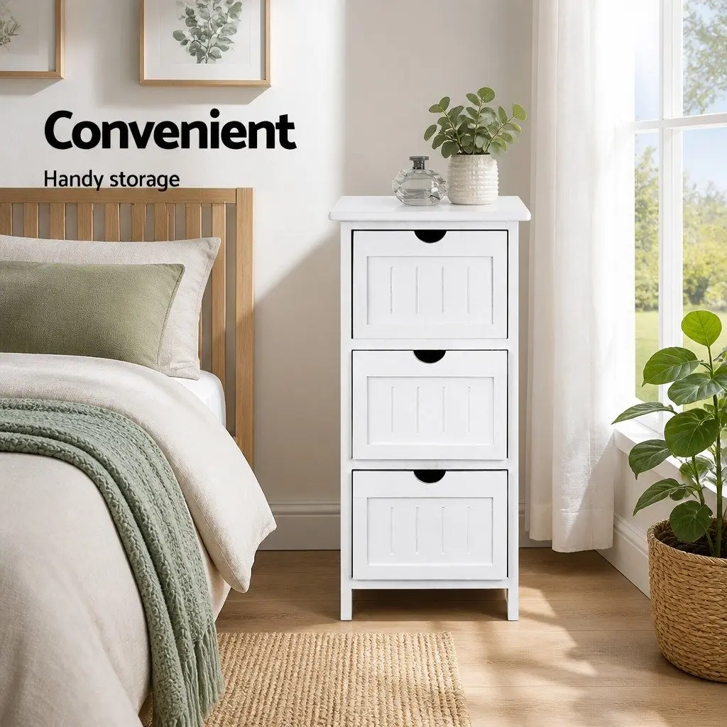 Bedside Table Storage Cabinet 3 Drawers Paulownia Wood 30cm x 30cm x 64cm White