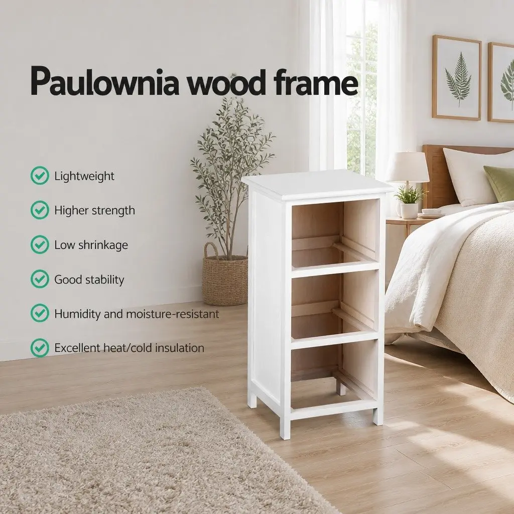 Bedside Table Storage Cabinet 3 Drawers Paulownia Wood 30cm x 30cm x 64cm White