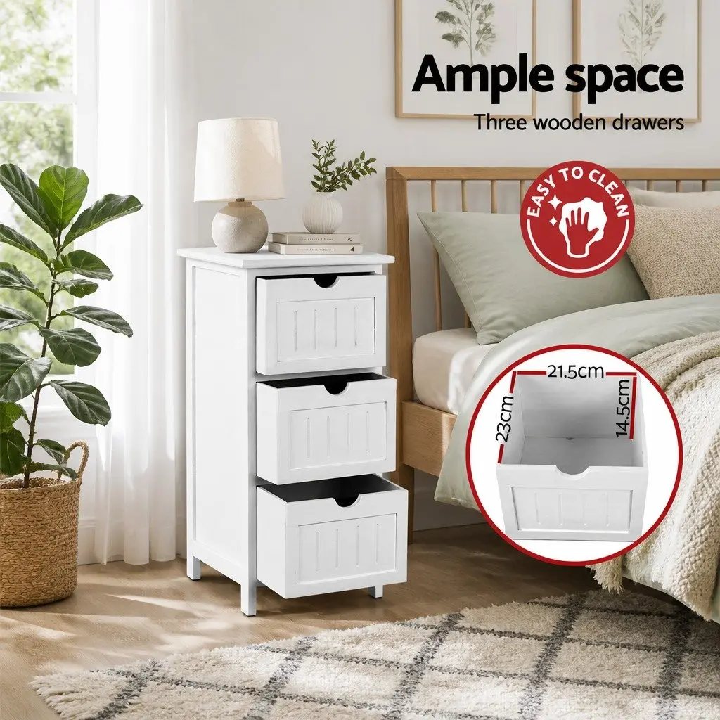 Bedside Table Storage Cabinet 3 Drawers Paulownia Wood 30cm x 30cm x 64cm White