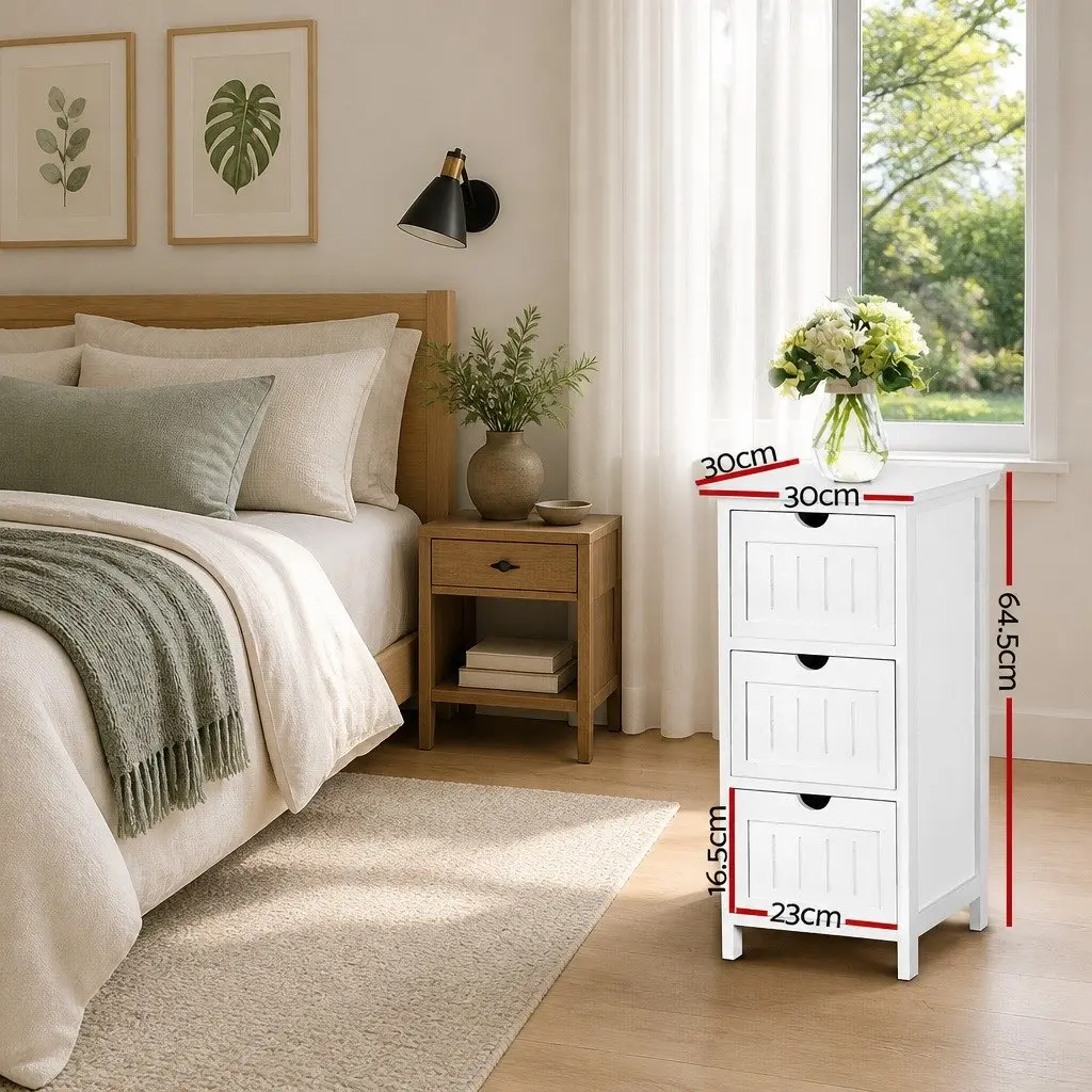 Bedside Table Storage Cabinet 3 Drawers Paulownia Wood 30cm x 30cm x 64cm White