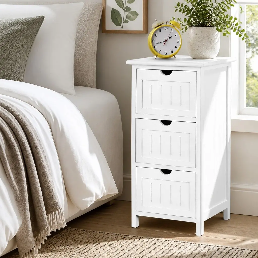 Bedside Table Storage Cabinet 3 Drawers Paulownia Wood 30cm x 30cm x 64cm White