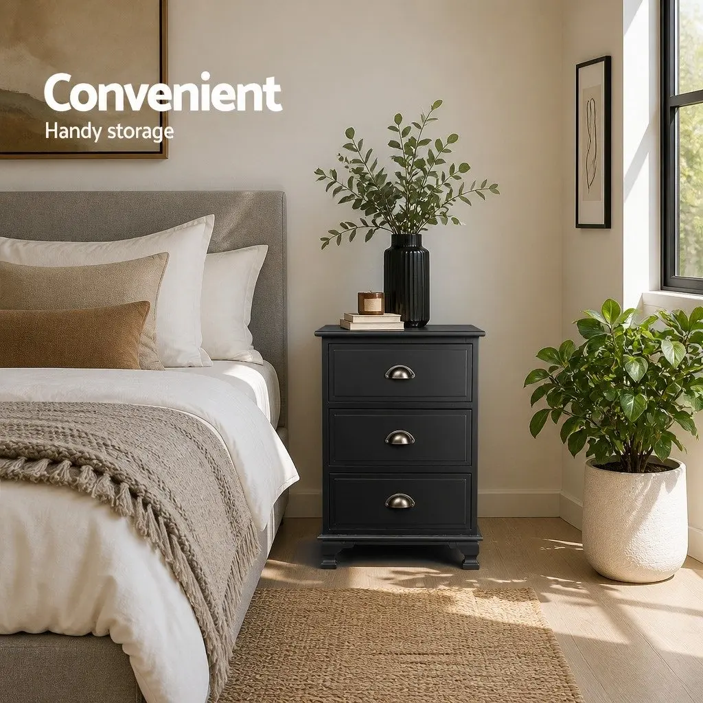 Black Bedside Table 3 Drawers Vintage Storage Cabinet Nightstand Bedroom