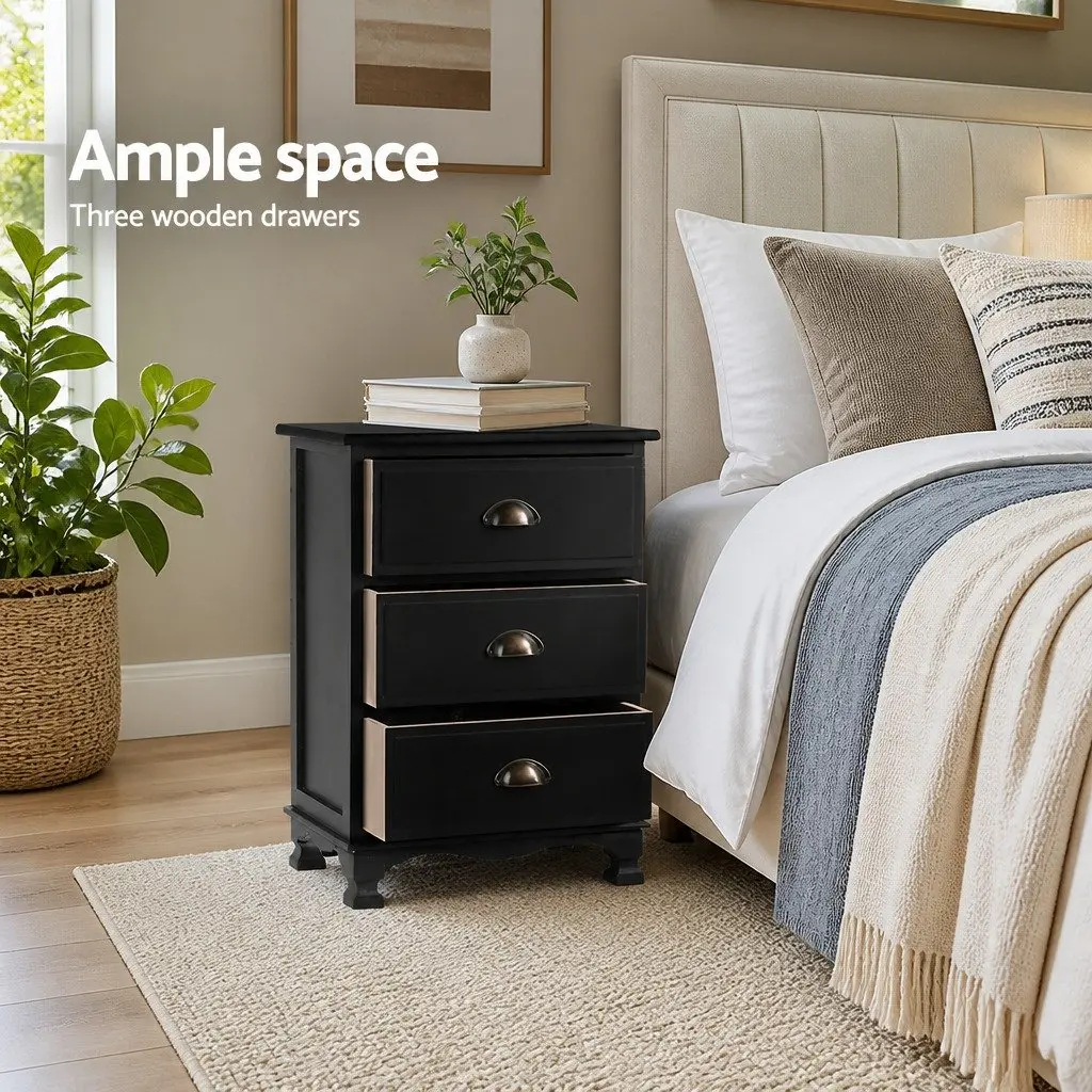 Black Bedside Table 3 Drawers Vintage Storage Cabinet Nightstand Bedroom