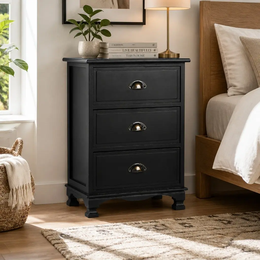 Black Bedside Table 3 Drawers Vintage Storage Cabinet Nightstand Bedroom