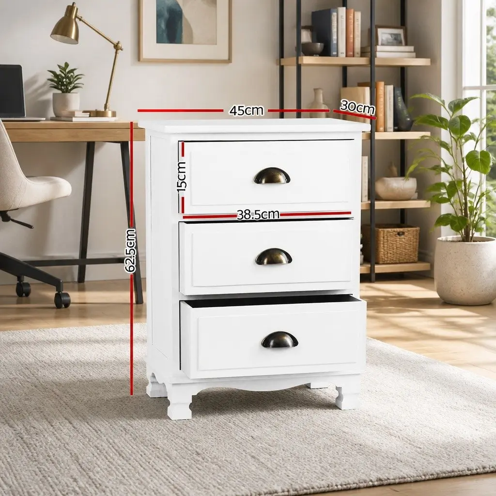 White Bedside Table 3 Drawers Storage Cabinet Vintage Wooden Nightstand