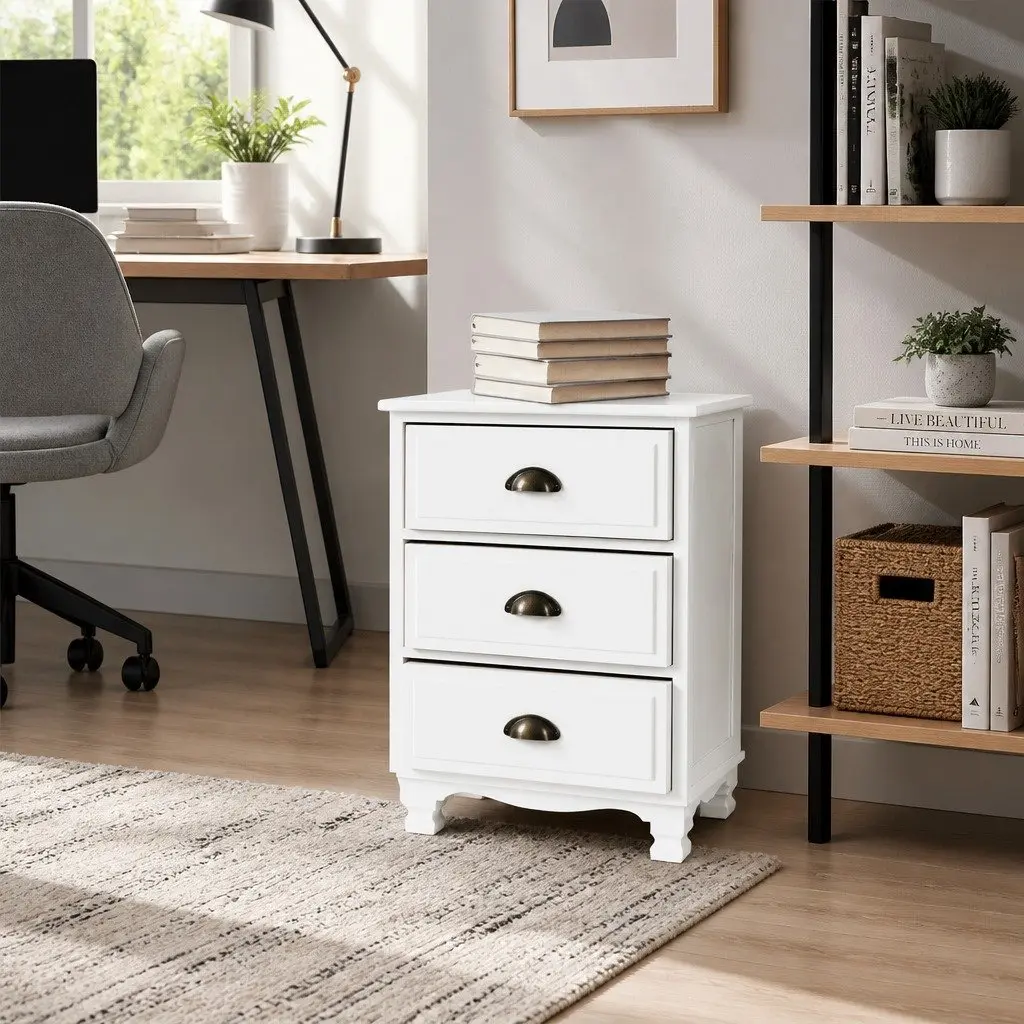 White Bedside Table 3 Drawers Storage Cabinet Vintage Wooden Nightstand
