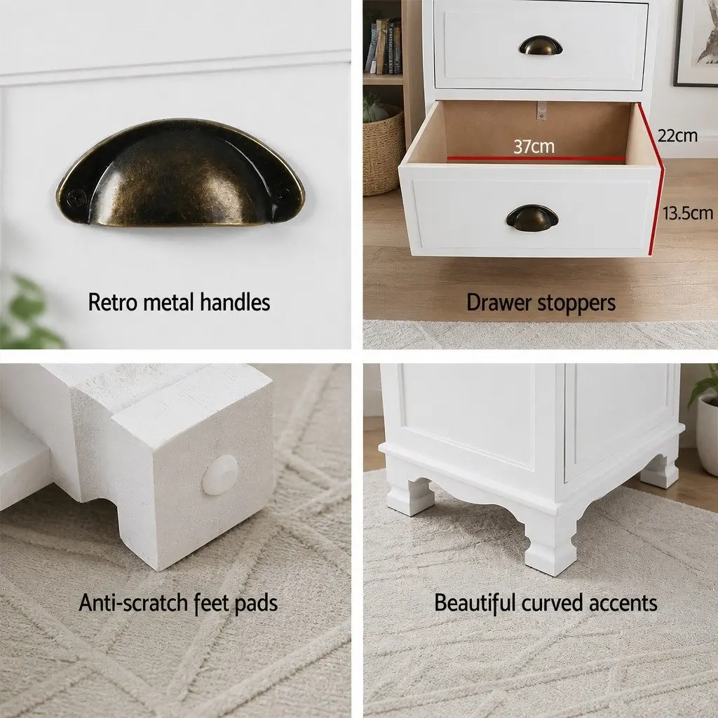 White Bedside Table 3 Drawers Storage Cabinet Vintage Wooden Nightstand