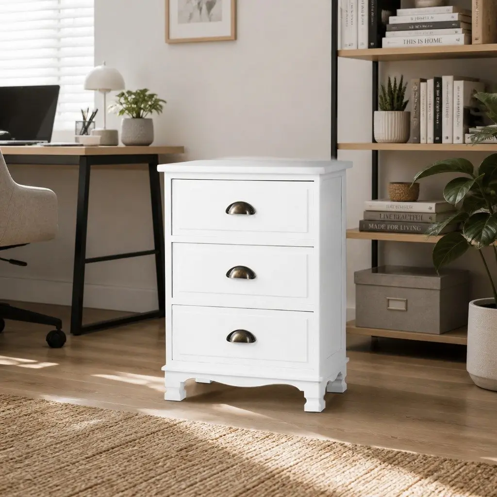 White Bedside Table 3 Drawers Storage Cabinet Vintage Wooden Nightstand