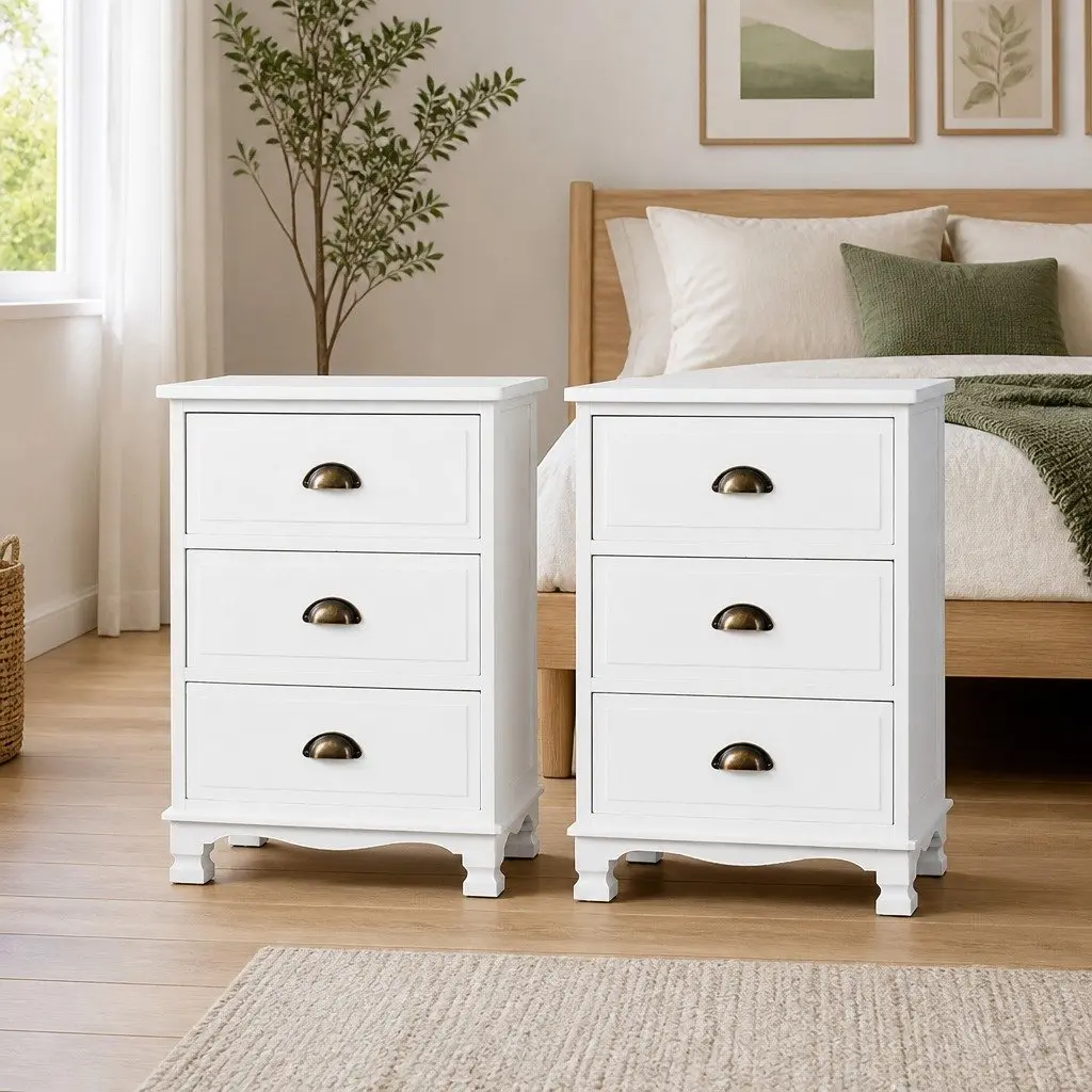 Bedside Table Paulownia Wood and MDF 45cm W x 30cm D x 62.5cm H White Vintage Storage Cabinet with 3 Drawers