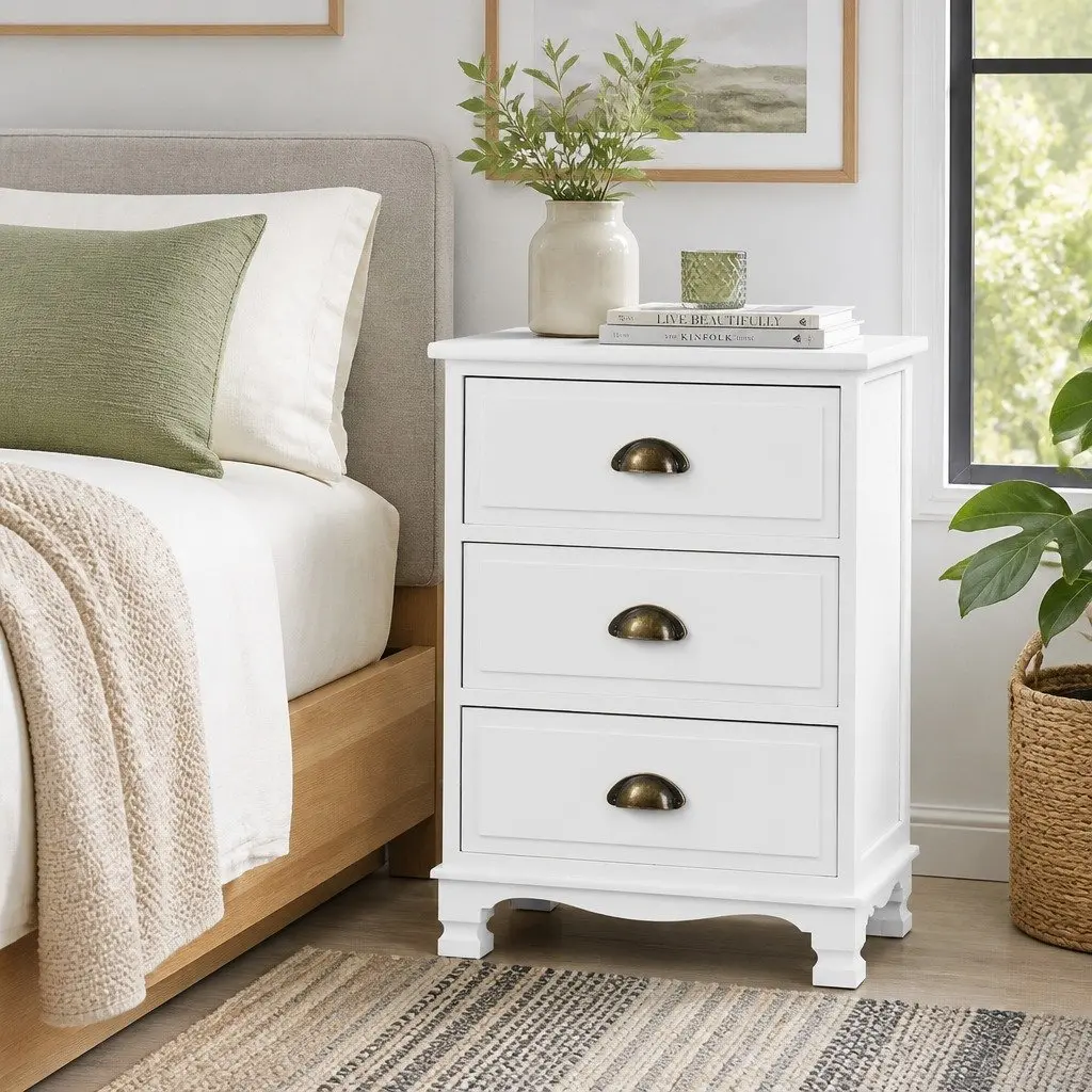 Bedside Table Paulownia Wood and MDF 45cm W x 30cm D x 62.5cm H White Vintage Storage Cabinet with 3 Drawers