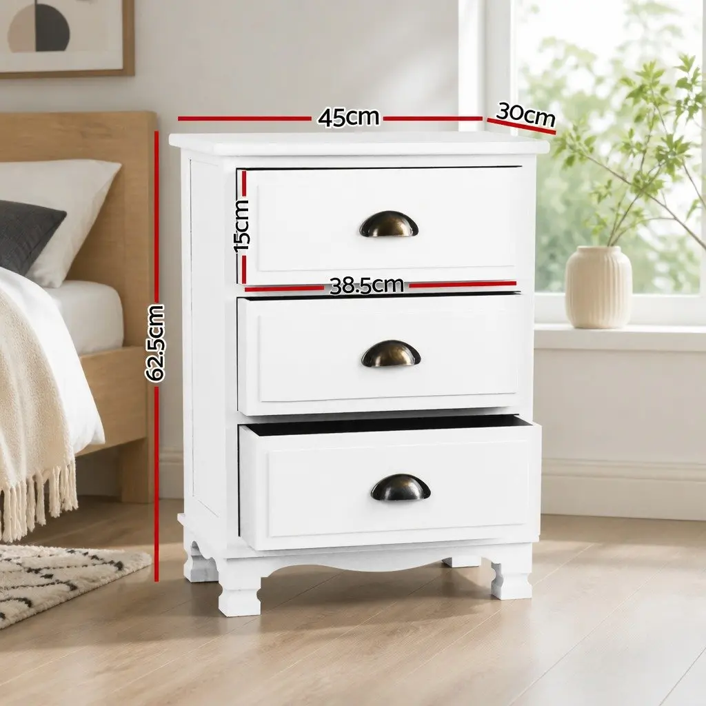 Bedside Table Paulownia Wood and MDF 45cm W x 30cm D x 62.5cm H White Vintage Storage Cabinet with 3 Drawers
