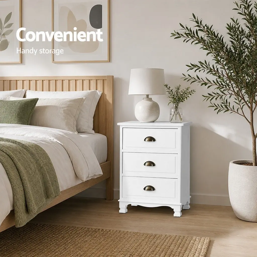 Bedside Table Paulownia Wood and MDF 45cm W x 30cm D x 62.5cm H White Vintage Storage Cabinet with 3 Drawers