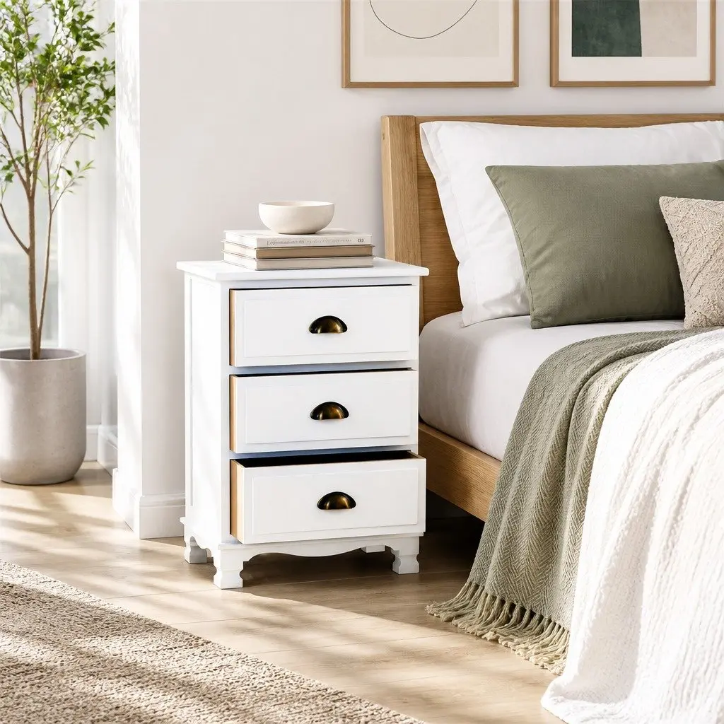Bedside Table Paulownia Wood and MDF 45cm W x 30cm D x 62.5cm H White Vintage Storage Cabinet with 3 Drawers