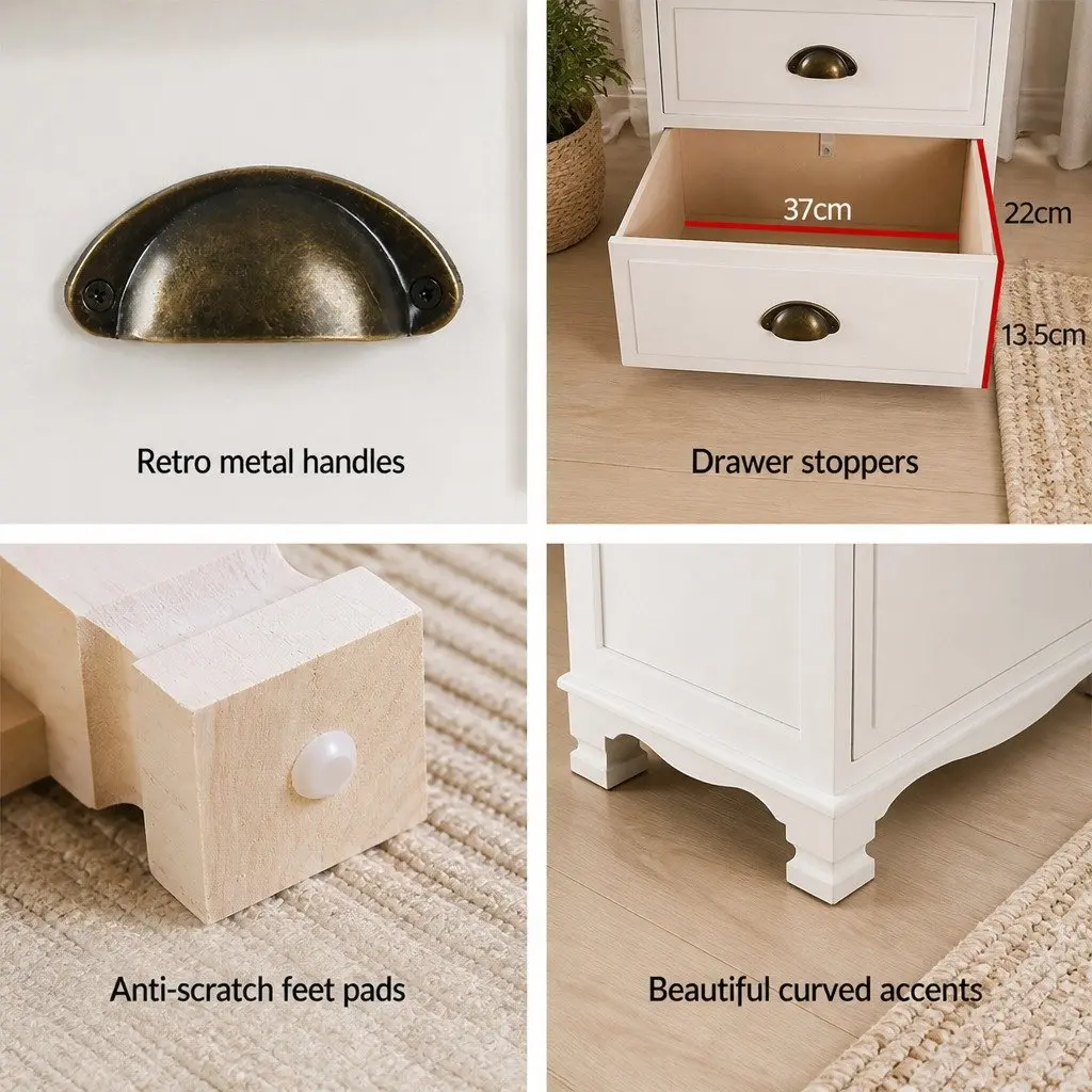 Bedside Table Paulownia Wood and MDF 45cm W x 30cm D x 62.5cm H White Vintage Storage Cabinet with 3 Drawers