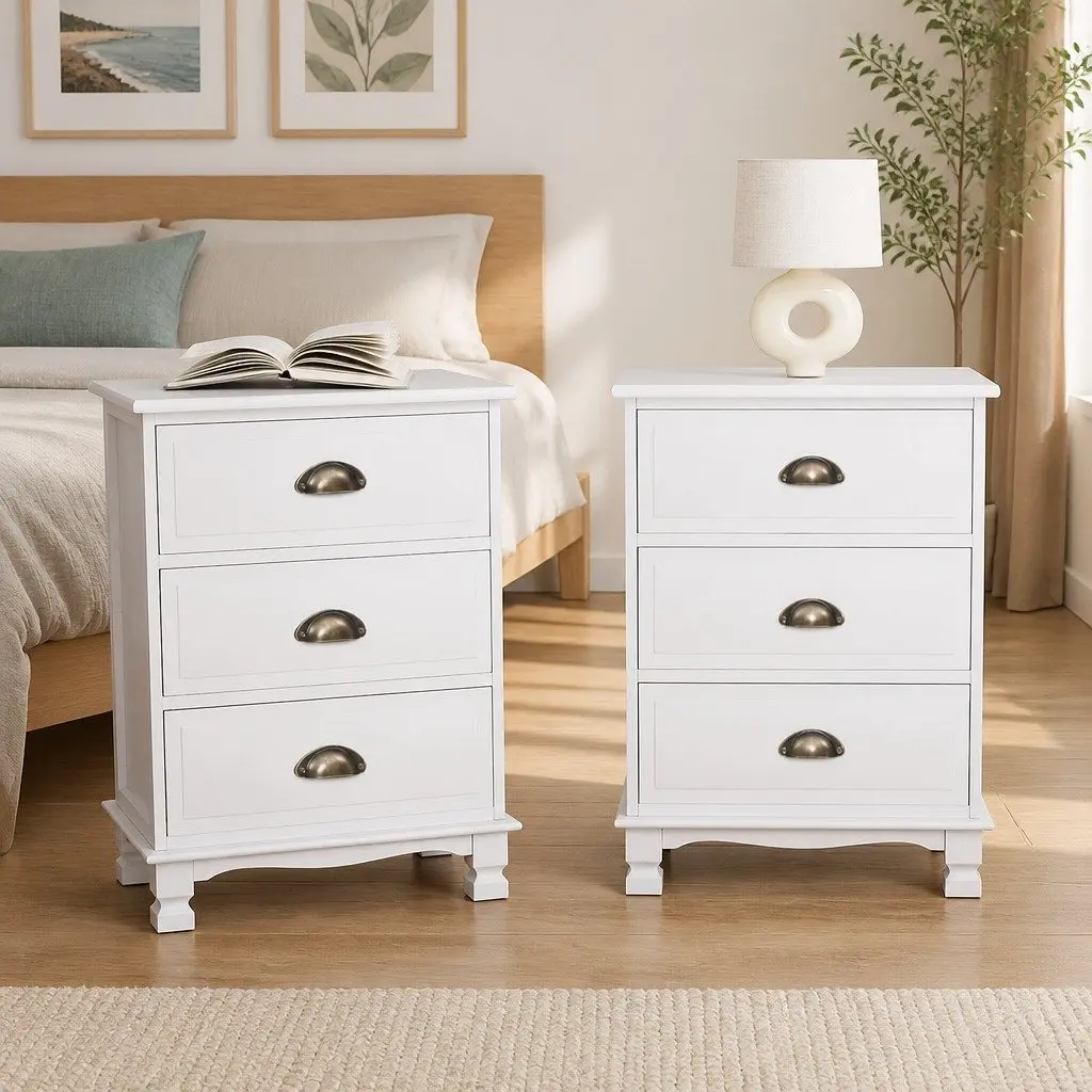 Bedside Table Paulownia Wood and MDF 45cm W x 30cm D x 62.5cm H White Vintage Storage Cabinet with 3 Drawers