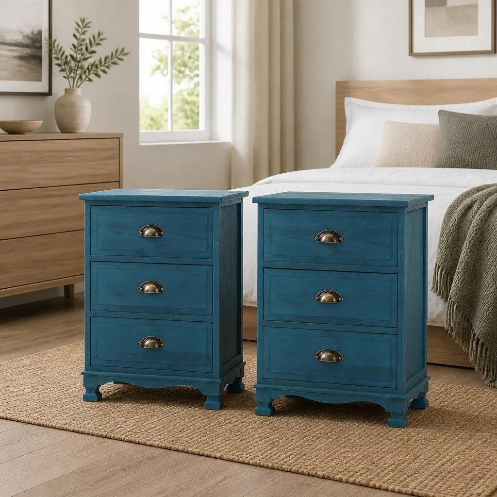 Bedside Table Paulownia Wood and MDF 45cm x 30cm x 62.5cm Blue Vintage Storage Cabinet Nightstand with Metal Handles