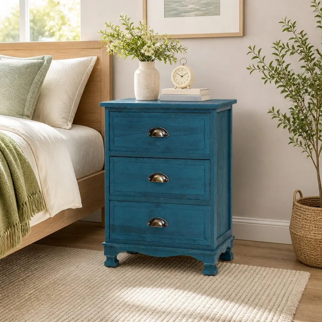 3 Drawer Bedside Table Wooden Vintage Storage Cabinet Blue