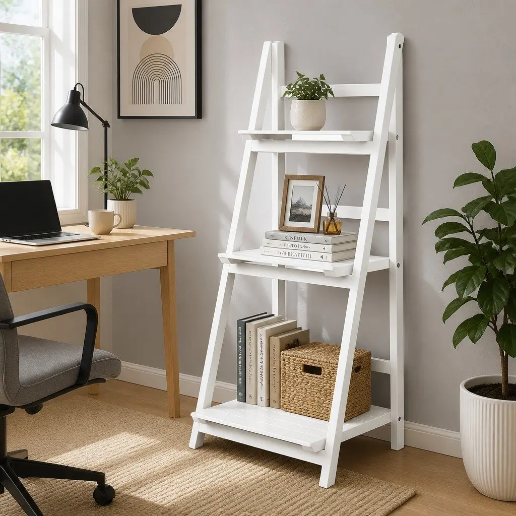 3-Tier Ladder Shelf Paulownia Wood and MDF 110cm White Freestanding Corner Bookcase Storage Display Stand