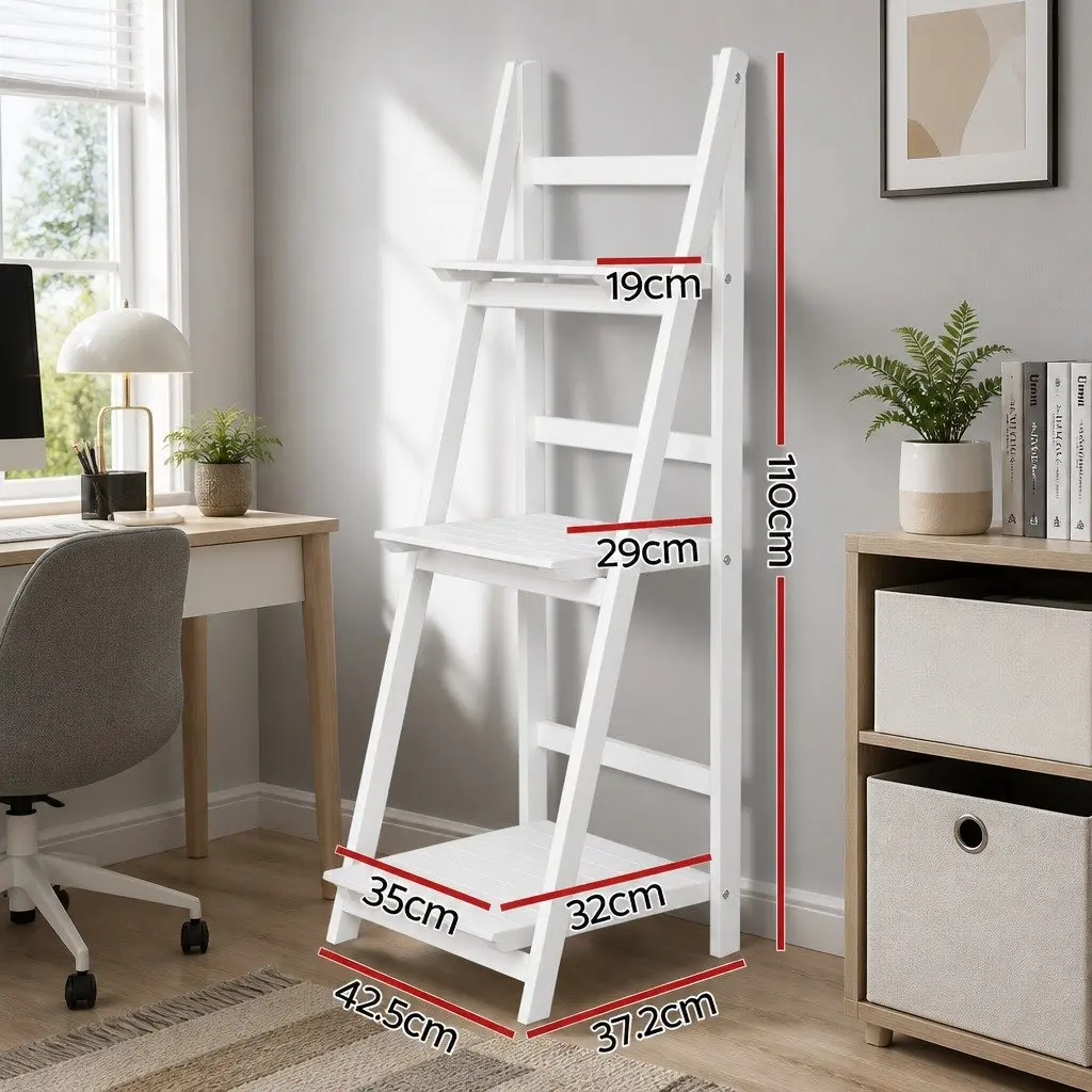 3-Tier Ladder Shelf Paulownia Wood and MDF 110cm White Freestanding Corner Bookcase Storage Display Stand