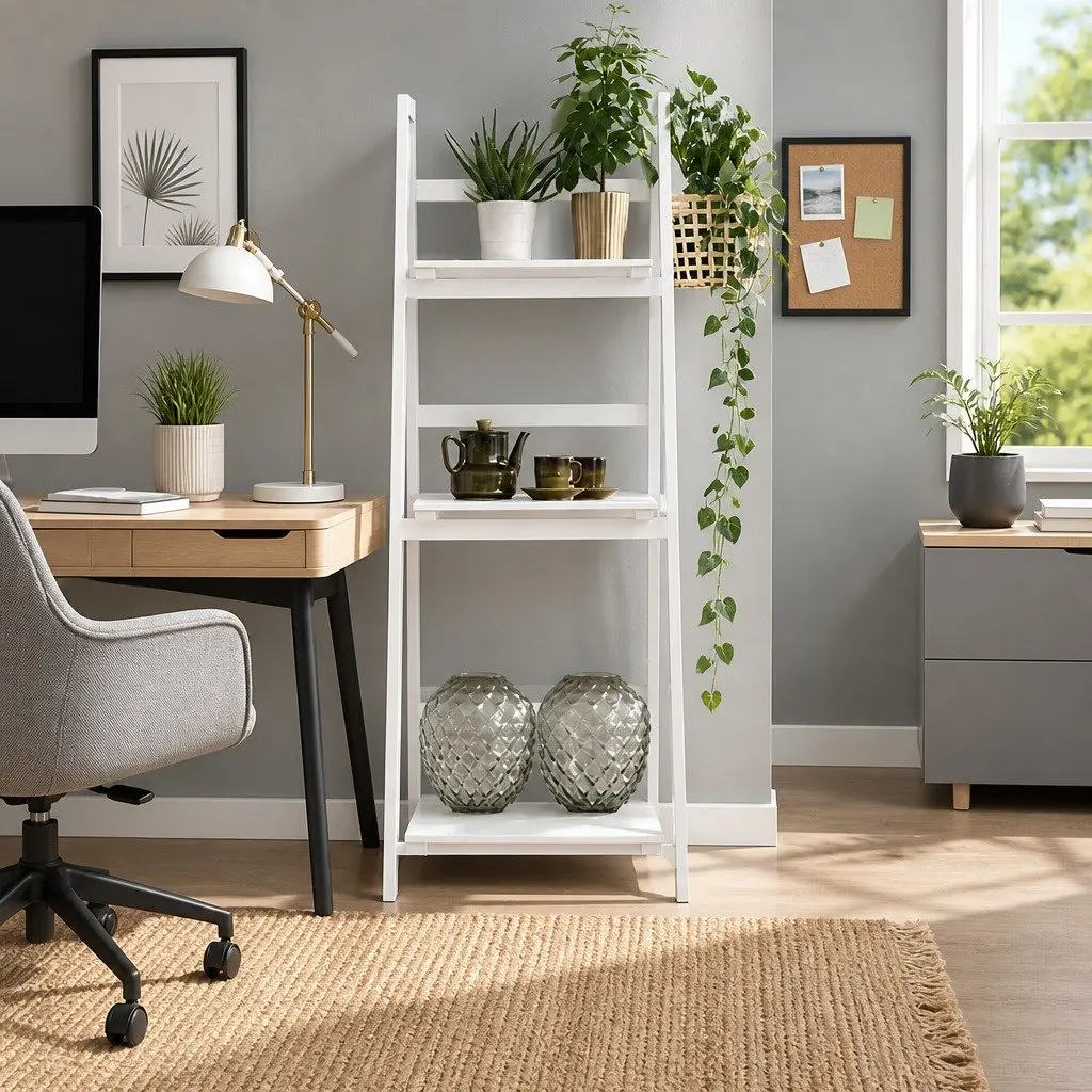3-Tier Ladder Shelf Paulownia Wood and MDF 110cm White Freestanding Corner Bookcase Storage Display Stand