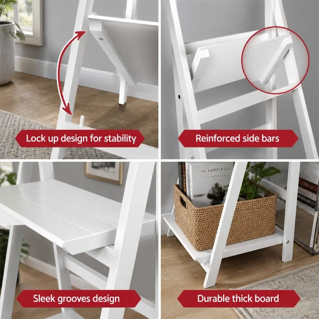 3-Tier Ladder Shelf Paulownia Wood and MDF 110cm White Freestanding Corner Bookcase Storage Display Stand
