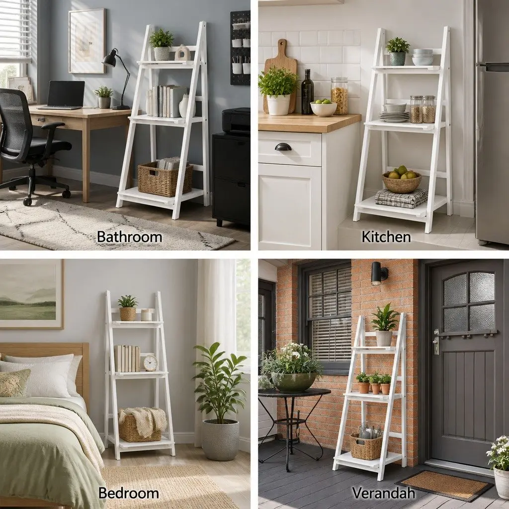 3-Tier Ladder Shelf Paulownia Wood and MDF 110cm White Freestanding Corner Bookcase Storage Display Stand